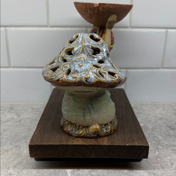Vintage Ashtray and Mushroom Incense Holder on Wood tray platform. 9x6x7.5 in - Picture 3 of 7